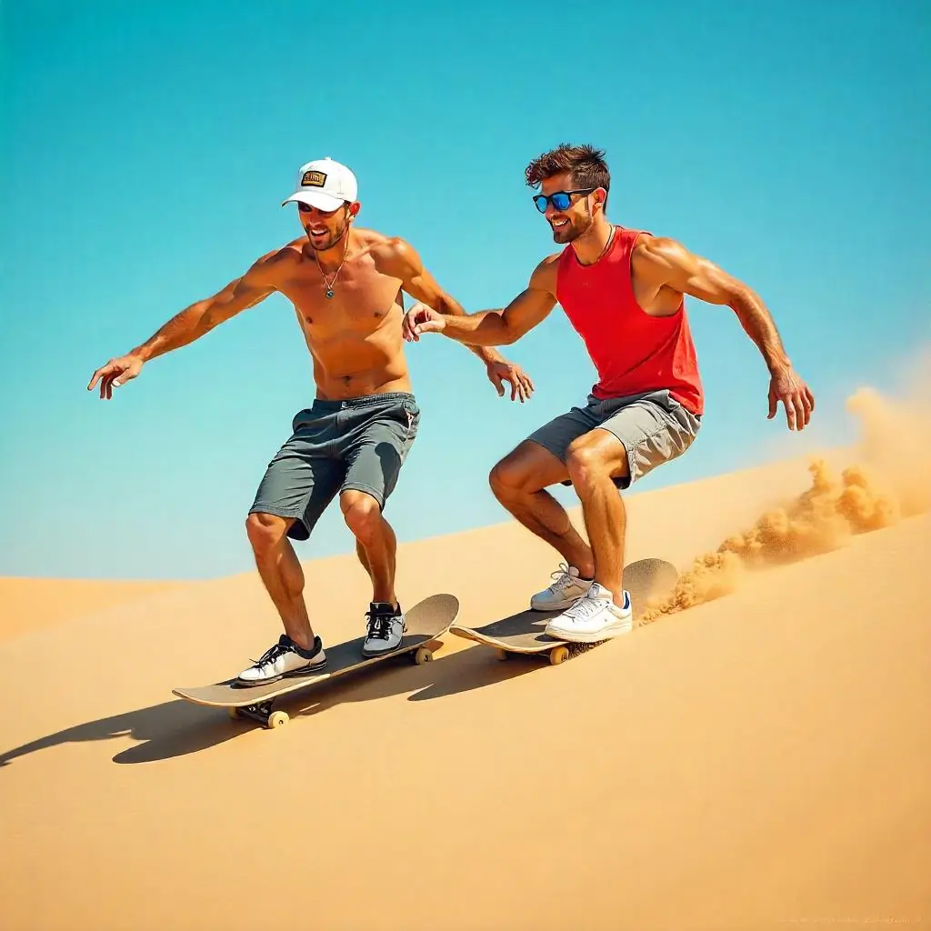 Two caucasian men around 20 years old sandboarding in the desert with a clear blue sky
